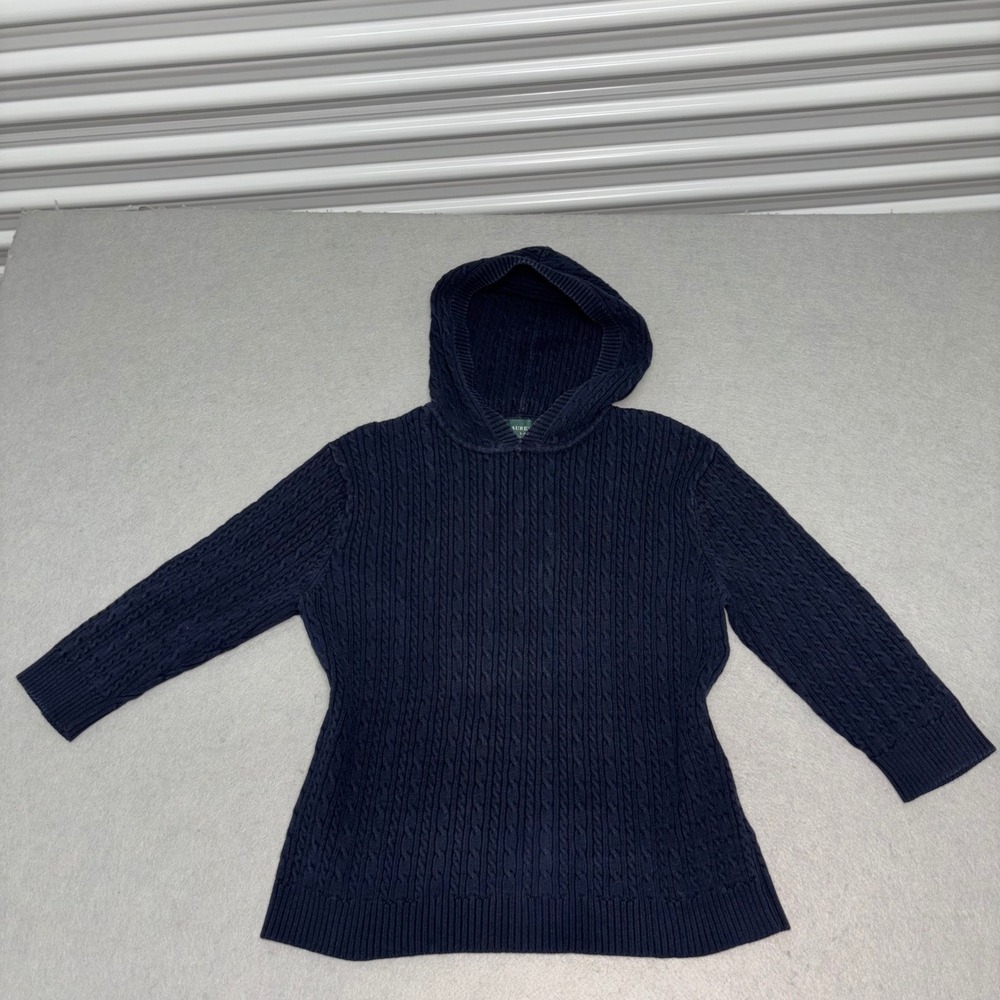Lauren Ralph Lauren Sweater Womens Petite Large Navy Blue Hooded Cable Knit P/L